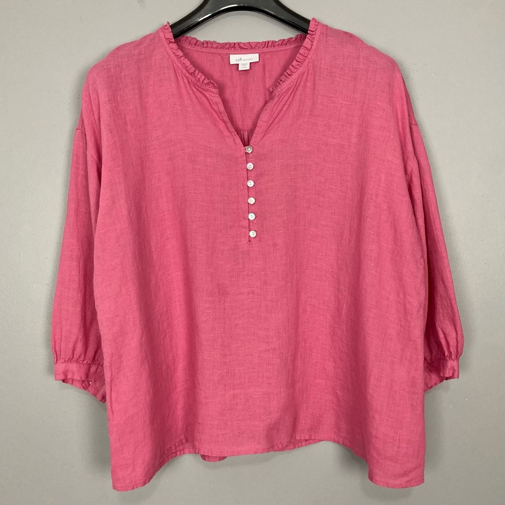 J. Jill Love Linen Blouse Women’s Size L Petite Popover Ruffle Collar Buttons